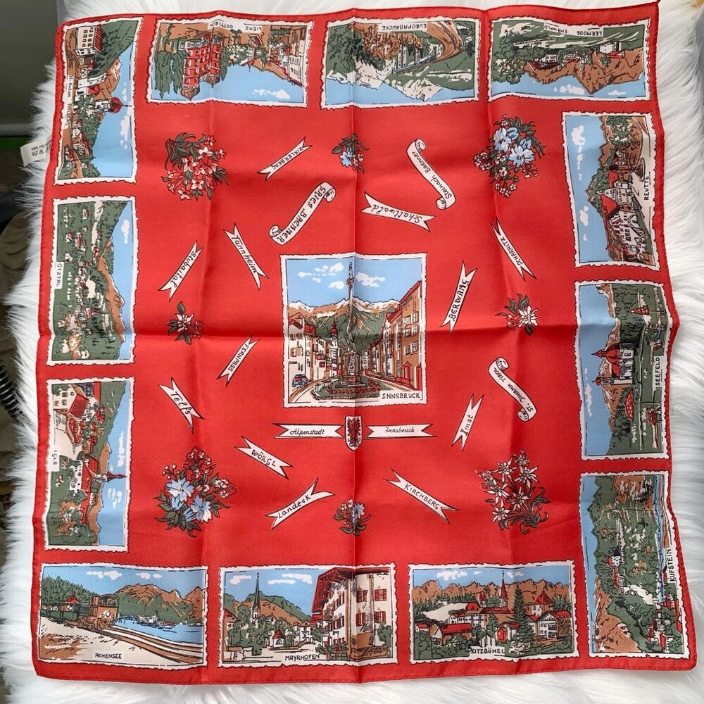 Vintage Innsbruck - Red polyester Village Scenes Names Flowers scarf 18”
